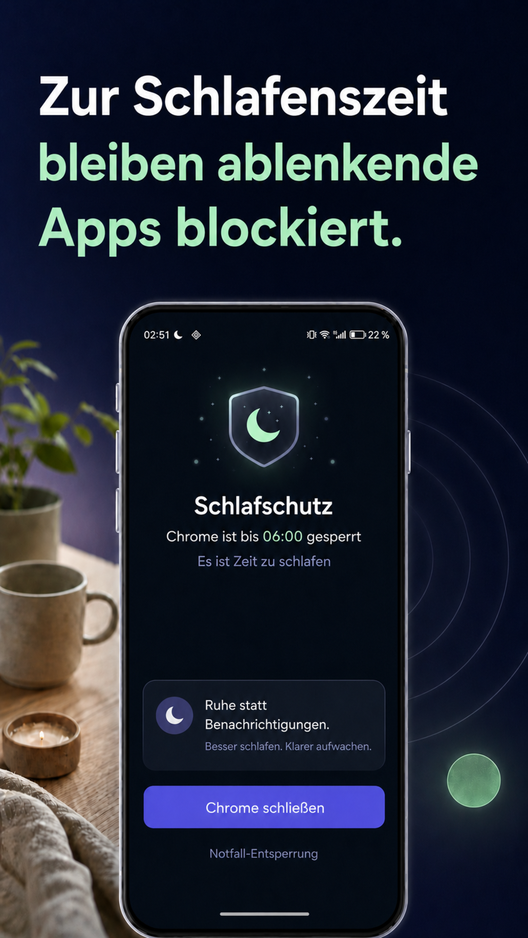 LoopCut Schlafenszeit-Bildschirm mit blockierten Ablenkungen