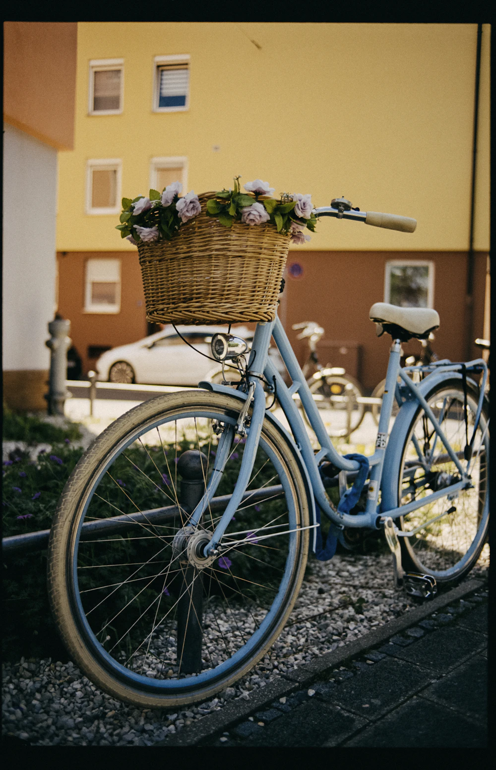 A blue bicycle with a basket of flowers, photographed on film