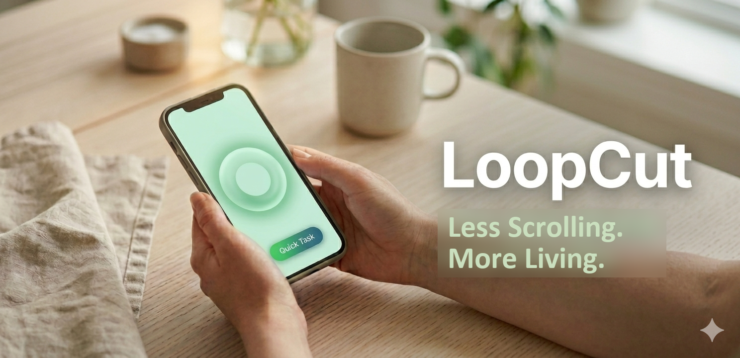 LoopCut app screens showing pause, limits, and focus controls