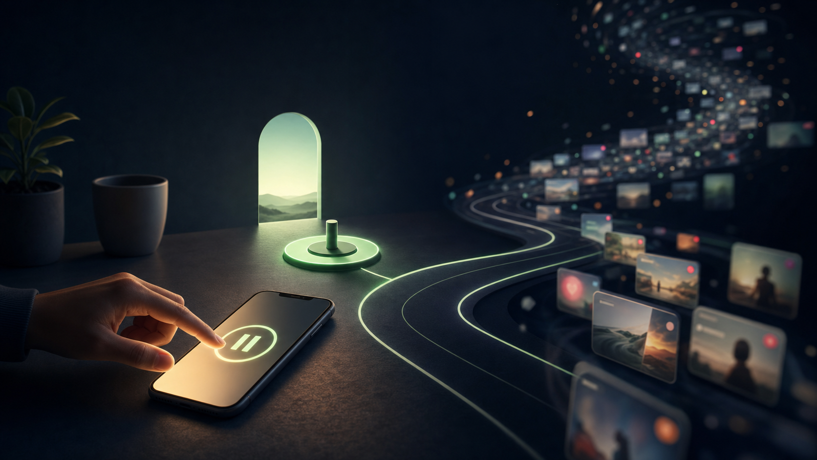 安静的手机画面中，信息流开始前有一个柔和的绿色暂停点。