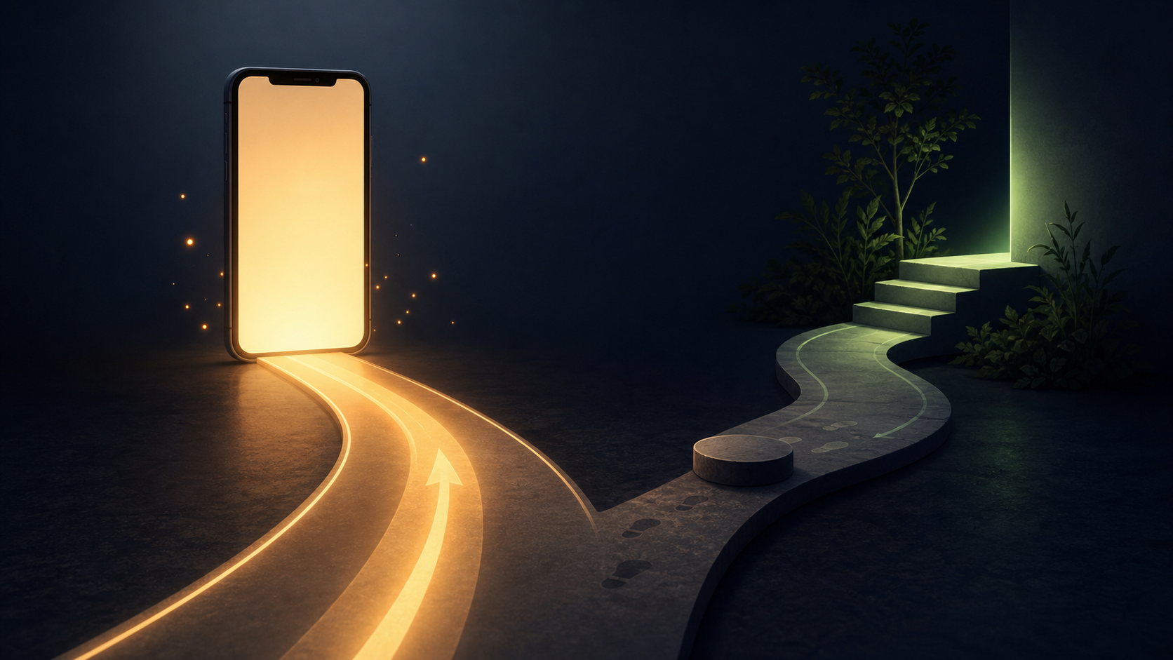 A smartphone beside a smooth glowing path forward and a smaller green exit path that requires a step upward.