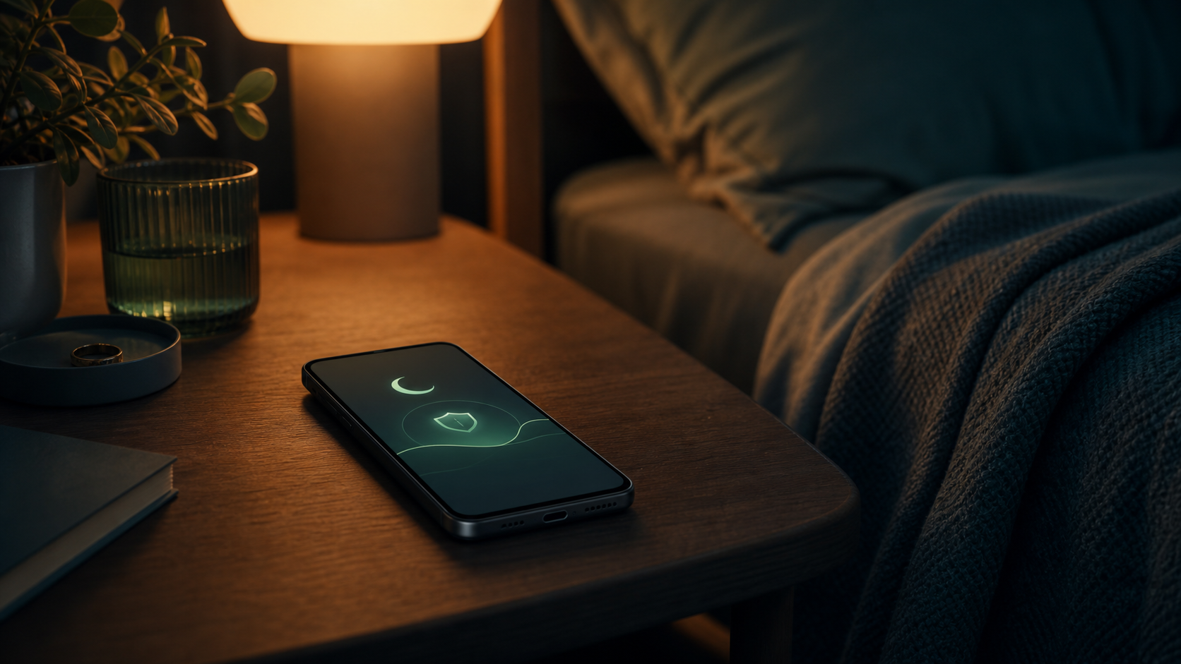 A dim Android phone on a bedside table showing a calm bedtime protection symbol.