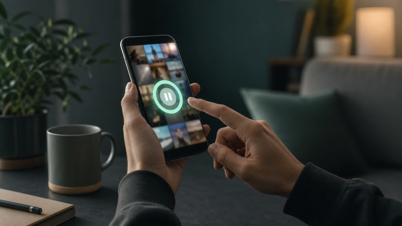 A hand pauses above an Android phone with an abstract photo grid and a soft green pause point.
