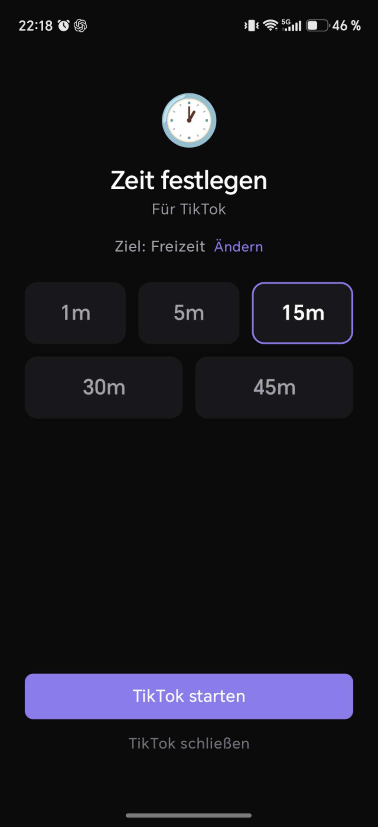 Deutsche LoopCut-Dauerauswahl mit einem Plan über 15 Minuten