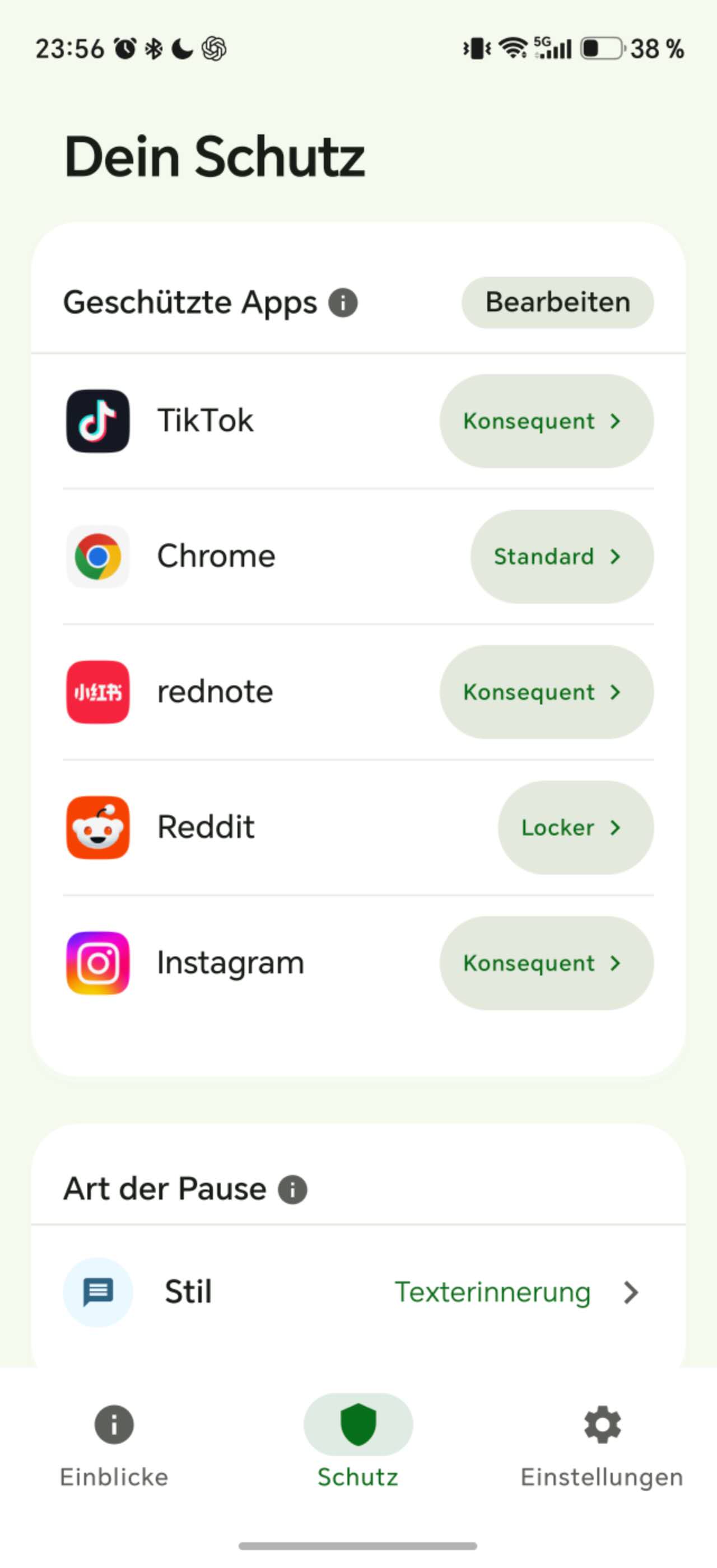 Deutsche LoopCut-Schutzstufen Locker, Standard und Konsequent pro App