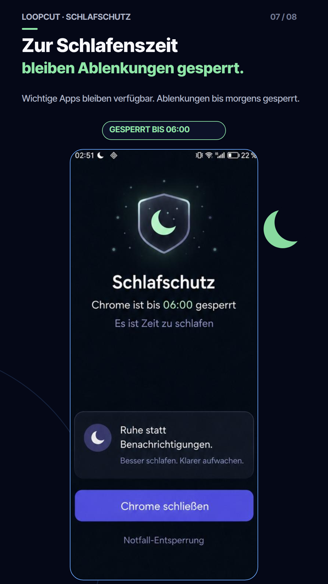 Deutscher LoopCut-Schlafschutz sperrt eine ablenkende App zur Schlafenszeit